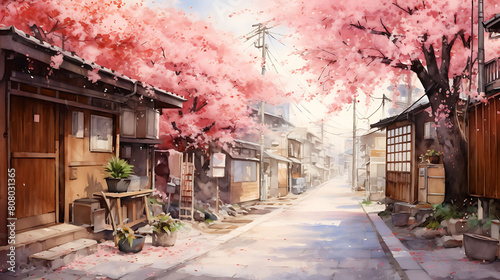 Conjure a watercolor background depicting a quiet alleyway in Tokyo during cherry blossom season
