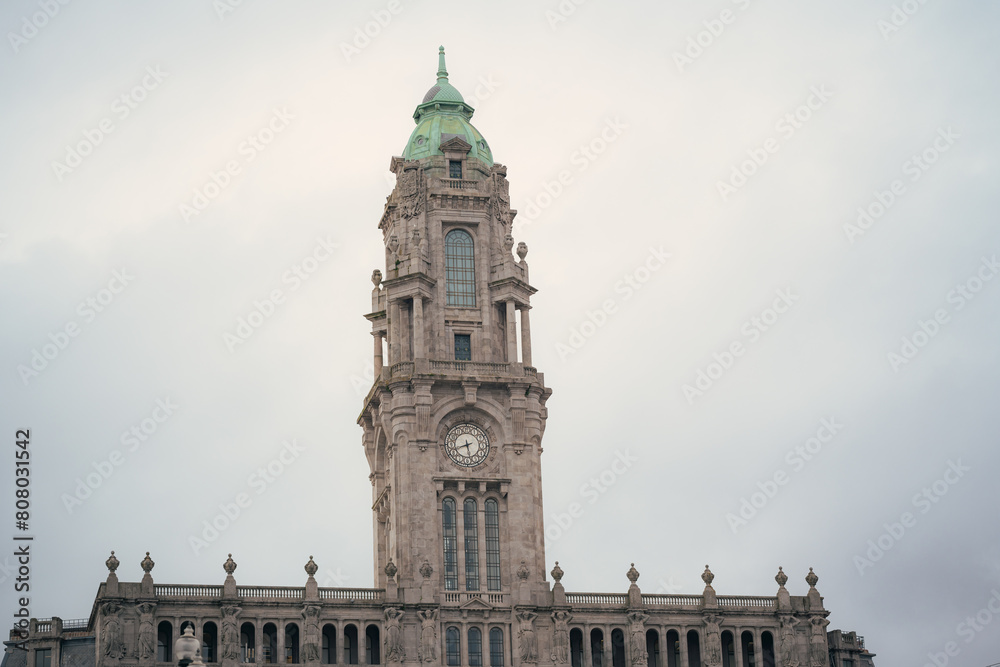 Majestic view of the historic Porto city hall in Portugal on a cloudy day