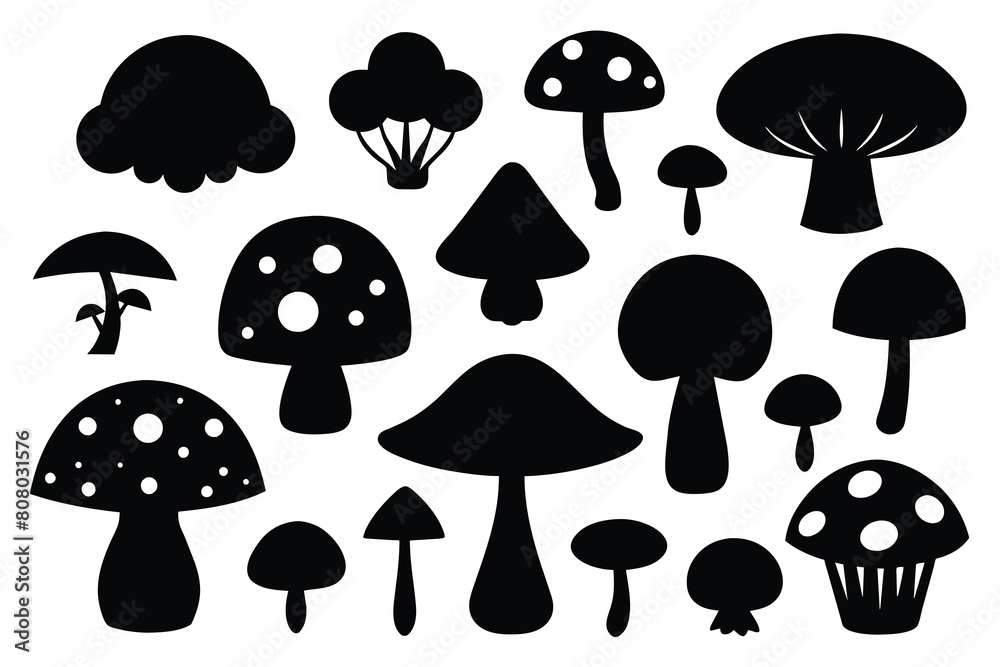Set of mushrooms black Silhouette Design with white Background and Vector Illustration