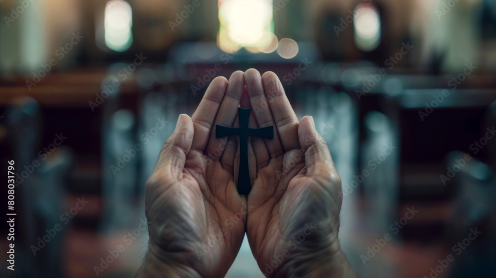 Man with palm up praying hope and faith concept generative ai Stock