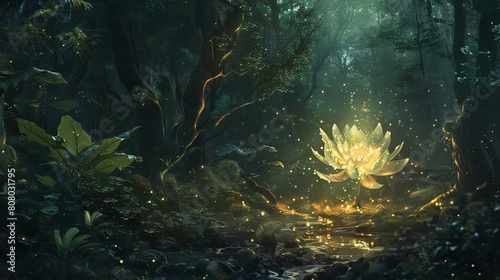 A giant blooming in a dark forest clearing  casting an ethereal glow on the surrounding foliage