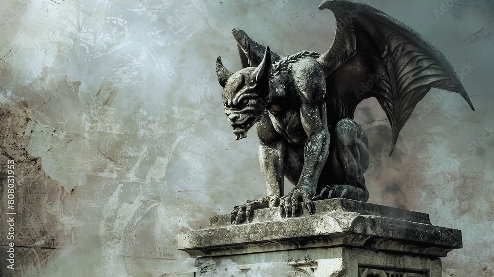 A gargoyle perched upon a crumbling tombstone in the style of gothic illustration
