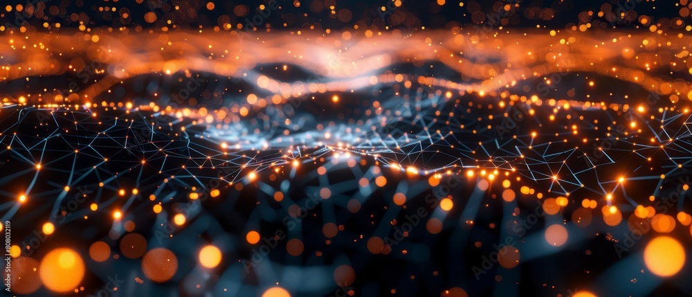 Naklejka premium A 3D visualization of a metallic tech grid, glowing connections, emphasizing advanced computing