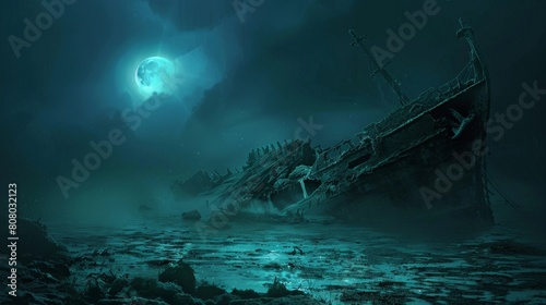 A forgotten shipwreck half-submerged in a moonlit bay, its weathered timbers casting ghostly silhouettes on the water, while bioluminescent plankton create an ethereal glow around its decaying form. photo
