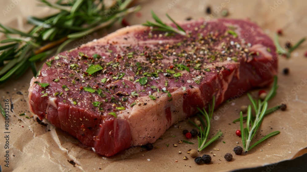 A steak seasoned with herbs and spices ready for grilling, promising flavor