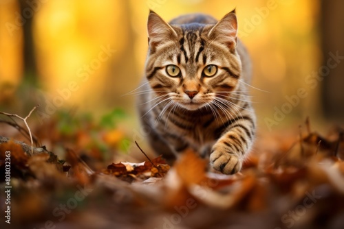 Close-up portrait photography of a curious tabby cat running isolated in rich autumn landscape