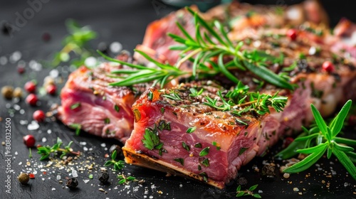 A steak seasoned with herbs and spices ready for grilling, promising flavor photo