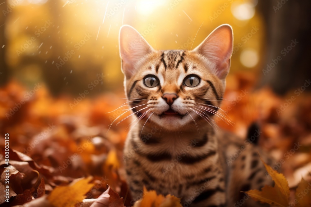Close-up portrait photography of a smiling ocicat meowing isolated in rich autumn landscape