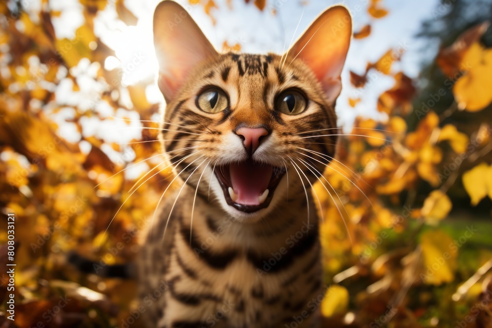 Fototapeta premium Close-up portrait photography of a smiling ocicat meowing over rich autumn landscape