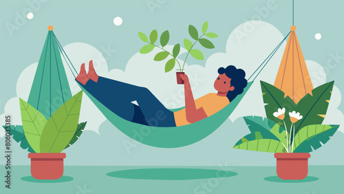 A person lying in a hammock in their backyard gazing up at their hanging plants and using the tranquil activity as a way to unwind..