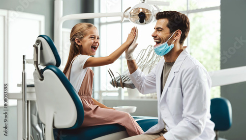 Cheerful great dentist giving his little patient a high five