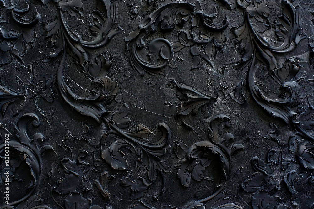 A black wall with intricate designs on it.