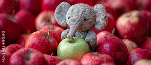 A cute cozy elephant Single green apple in a pile of red apples, daring to be different, leadership concept, isolated photo