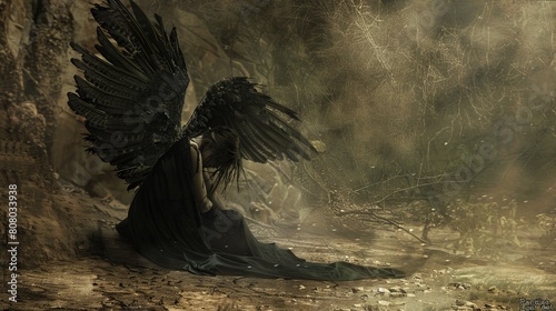 A fallen angel with tattered wings in the style of gothic illustration, 19th-century style photo