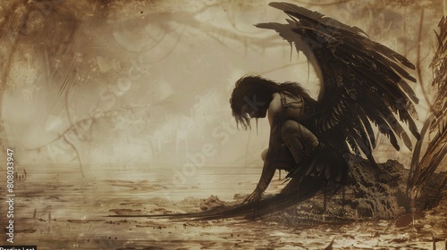 A fallen angel with tattered wings in the style of gothic illustration, 19th-century style