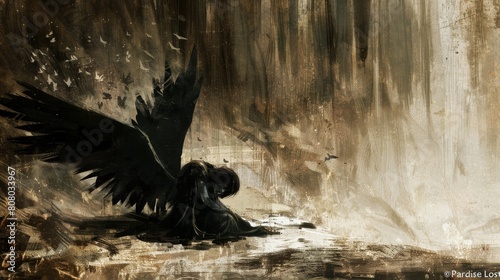 A fallen angel with tattered wings in the style of gothic illustration, 19th-century style photo