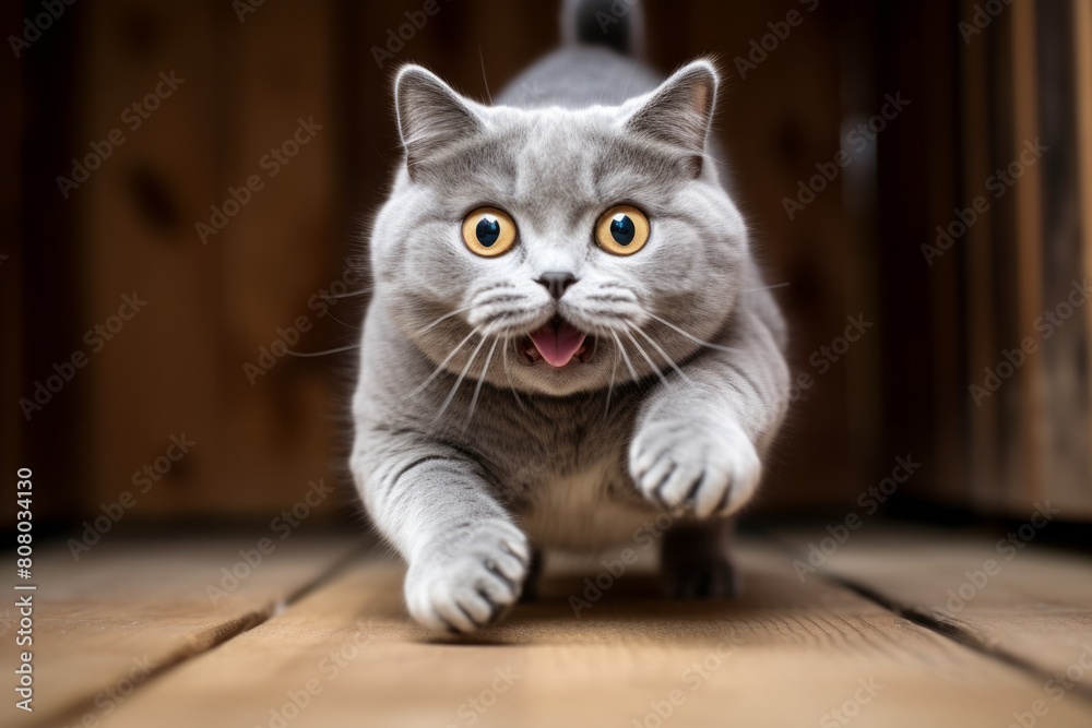 Obraz premium Medium shot portrait photography of a smiling british shorthair cat jumping on rustic wooden floor