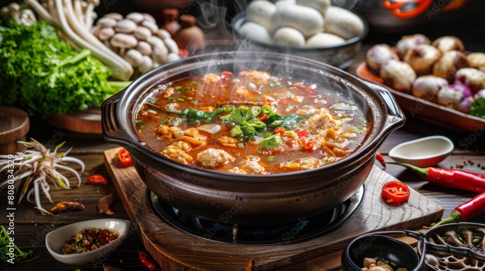 A steaming pot of fragrant Chinese hot pot surrounded by various ingredients A steaming pot of fragrant Chinese hot pot surrounded by various ingredients