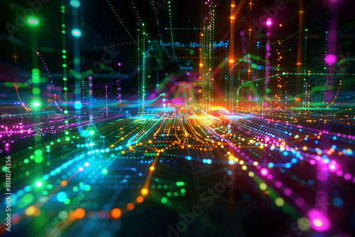 Streaming data visualized as a network of glowing  colorful links in a digital space.