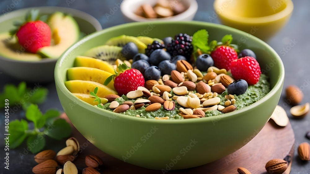 A Moringa smoothie bowl, topped with fresh fruits and nuts, the vibrant green color of the Moringa powder adding a pop of color to the already delicious and nutritious meal. A Moringa smoothie bowl, topped with fresh fruits and nuts, the vibrant green color of the Moringa powder adding a pop of color to the already delicious and nutritious meal.