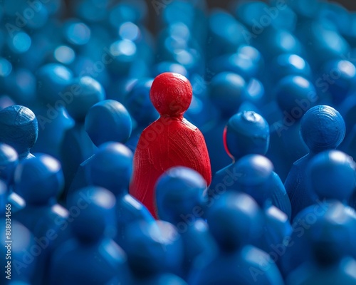 Bright red figure in a thinker pose among passive blue figures, strategic leadership, isolated photo