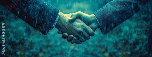 Business Harmony: Two Businessmen Shake Hands in Light Navy & Teal, Cryptidcore Style, Intertwining Materials, Singular Focus, Scoutcore Influence photo