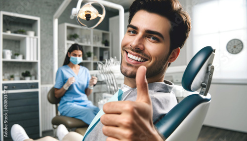handsome young man in a dental chair  giving a big smile to the camera and showing thumbs up