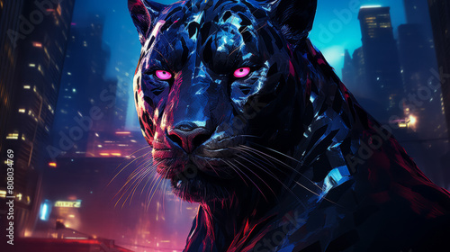 he enigmatic panther, clad in a sleek midnight velvet coat, prowls through a neon-lit urban jungle. © Tatiana