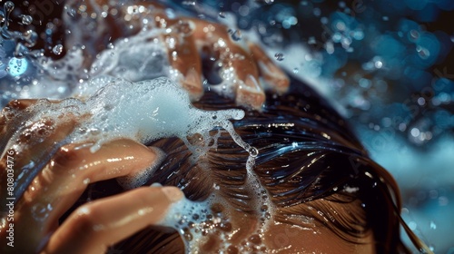 A dynamic image capturing the motion of conditioner being applied to wet hair  with hands massaging and strands glistening with moisture