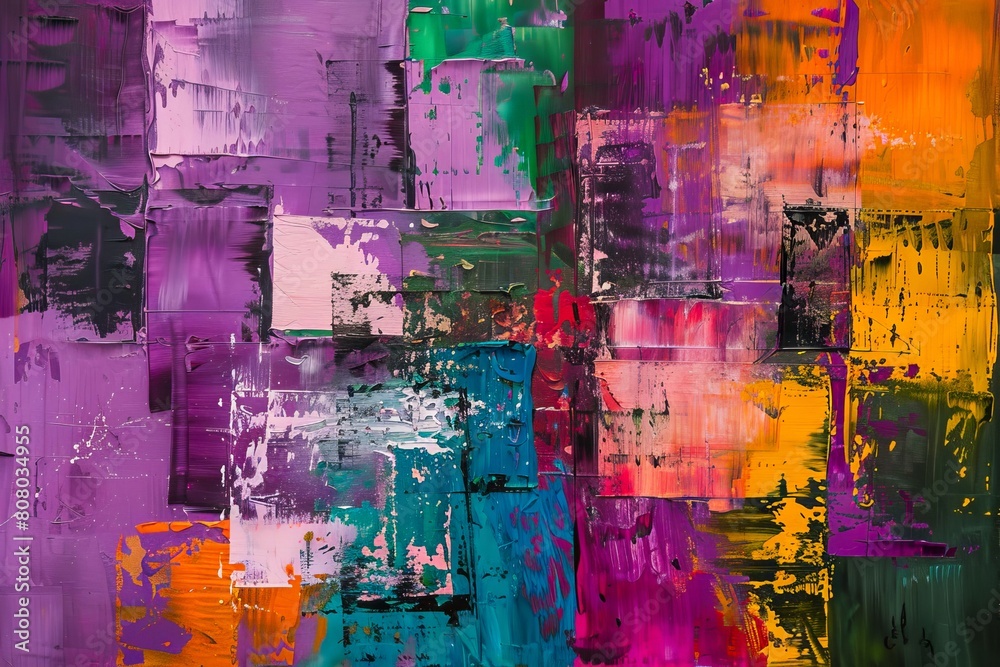 Obraz premium A painting of purple, orange and green squares.