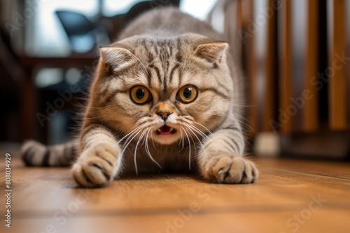Lifestyle portrait photography of a cute scottish fold cat scratching on rustic wooden floor © Markus Schröder