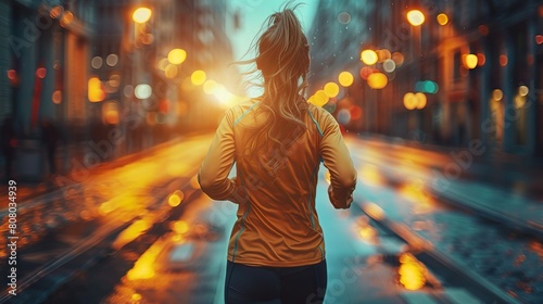 Young Woman Jogging on Urban Street at Sunset