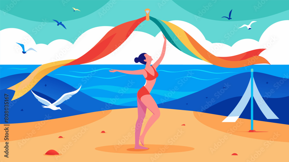 Amidst the sound of seagulls and crashing waves a lone gymnast performs a mesmerizing ribbon routine on the beach stage the colorful fabric dancing in. Vector illustration