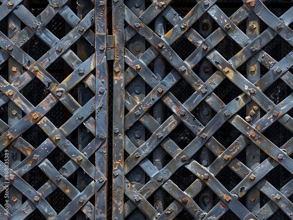 A close up of a metal gate with rivets.
