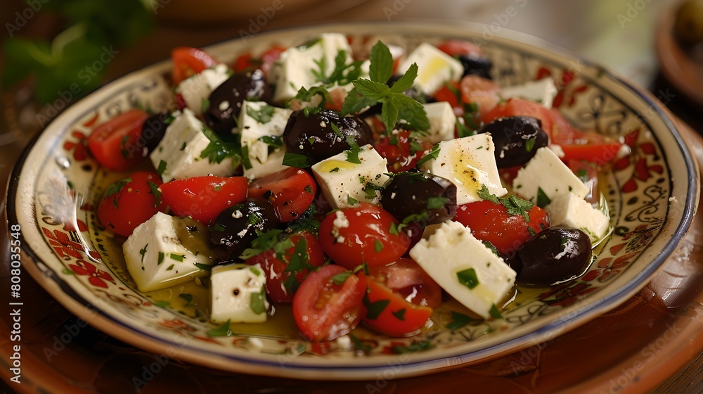 Fresh Greek Salad with Feta Cheese, Olives, and Juicy Tomatoes on Ornate Plate