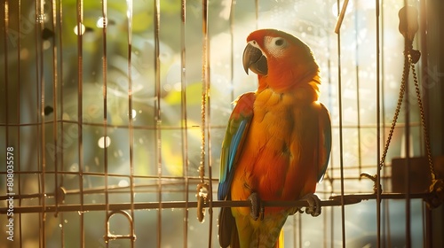 Colorful Parrot Perched Inside Cage in Warm Sunlit Ambiance photo