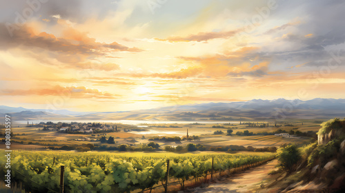 Conjure a watercolor background depicting a panoramic view of a sprawling vineyard at sunset