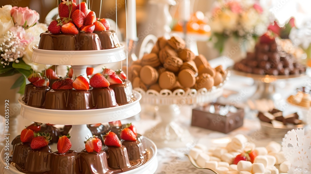 Decadent Chocolate Fountain with Strawberries at Elegant Dessert Buffet
