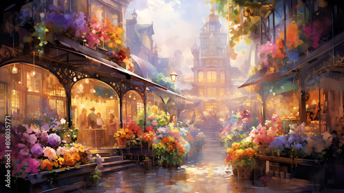 Conjure a watercolor background depicting a vibrant flower market, with a plethora of colors and scents creating a delightful scene photo