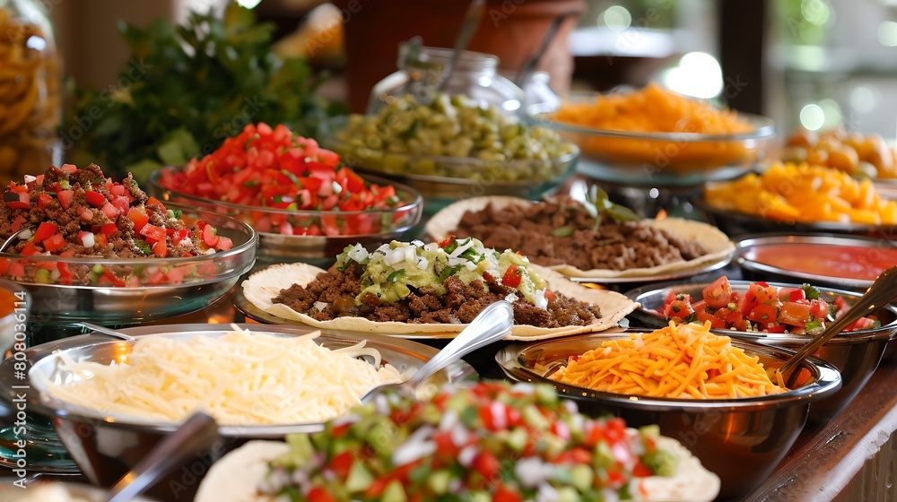 Colorful buffet spread with diverse dishes, catering for a feast or celebration event