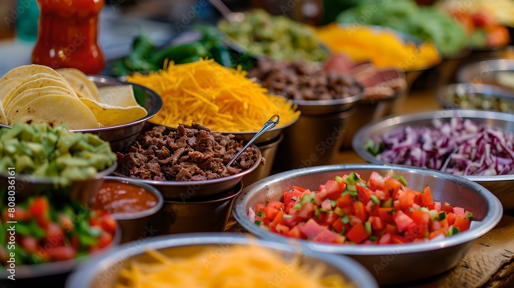 Colorful Mexican Taco Ingredients Laid Out on Table for Feast