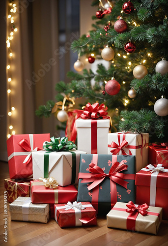 Beautifully decorated gifts with ribbons and bows under a festive Christmas tree filled with light and joy  a perfect scene for a happy holiday celebration 