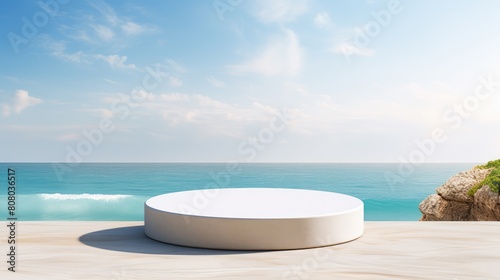 Round marble podium with beach background for product display