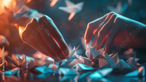 A dynamic image capturing the motion of a person folding origami paper into intricate shapes and figures, with fingers nimble and creations  photo