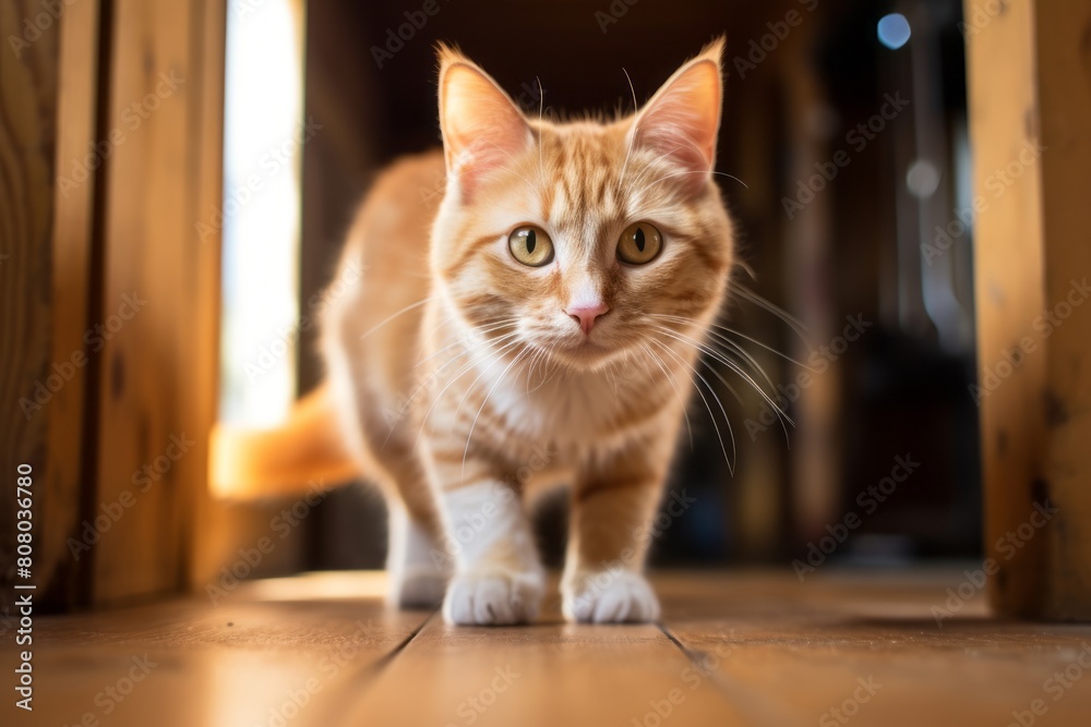 Environmental portrait photography of a smiling manx cat back-arching on rustic wooden floor Environmental portrait photography of a smiling manx cat back-arching on rustic wooden floor