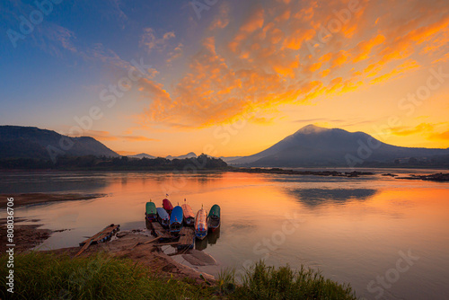 Mekong river and mountain scenery in the morning,Kaeng Khut couple scenery, Chiang Khan, Thailand