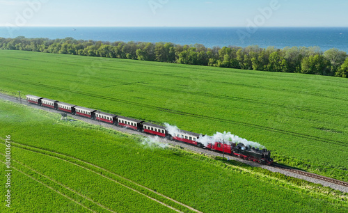 Aerial view of historical steam train Molli near Heiligendamm, Germany