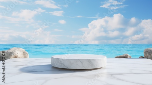 Round marble podium with beach background for product display
