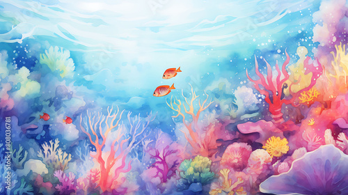 Conjure a watercolor background depicting the vibrant life under the sea, with a focus on a coral reef ecosystem photo