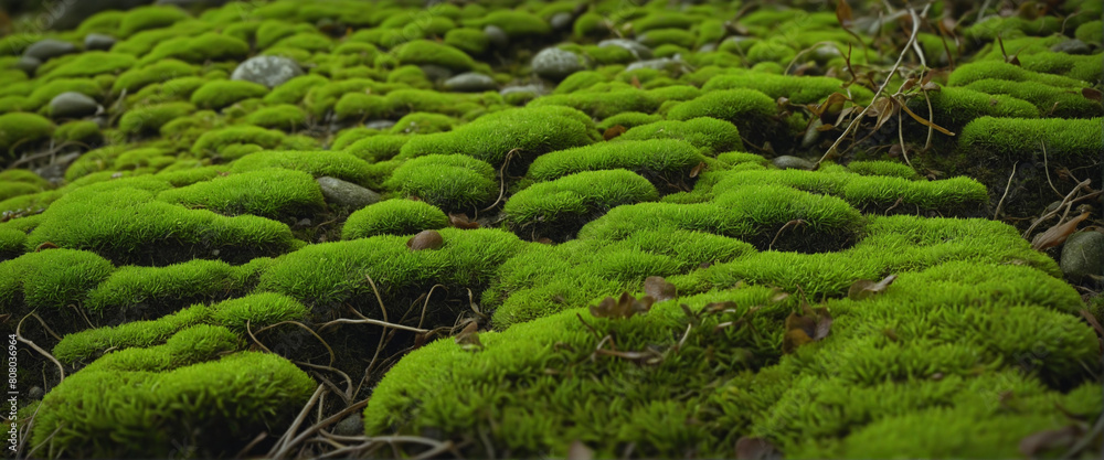 Lush green moss thriving in its natural forest habitat Lush green moss thriving in its natural forest habitat